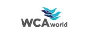 WCA world client logo with gray font and light and dark blue overlapping elements that appear to be birds just above text logo to represent a satisfied Fulfillit client