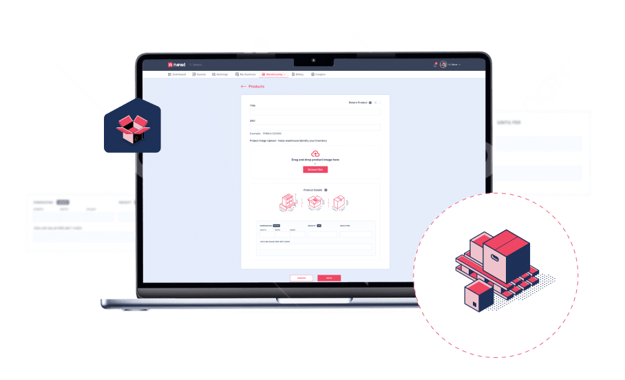 vector image a laptop logged in to the Fulfillit warehousing network to represent the ability for users to create products from an intuitive dashboard