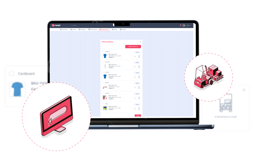 vector image of a laptop displaying inventory on the Fulfillit warehouse network to represent users can select 3PL warehouses based on budget and location